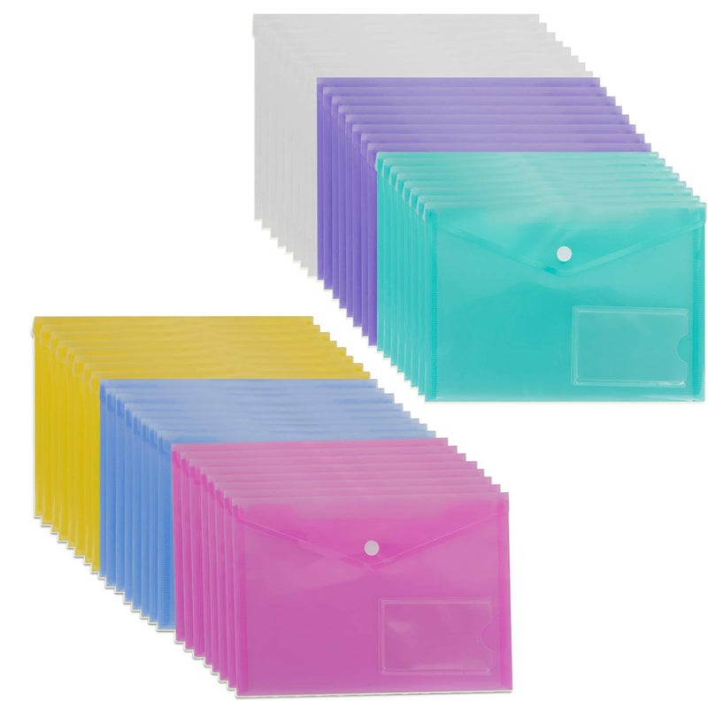 CertBuy 48 Pack A5 Poly Envelope Folder with Snap Button, CertBuy Clear Plastic Envelopes Plastic Document Envelope for School,Home, Work, and Office Organization, 6 Assorted Colors - Image 1